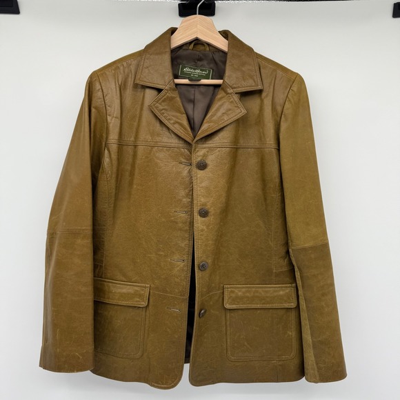 Vintage Eddie Bauer Leather Blazer Brown Green Size L Western Boho Y2k - Picture 1 of 12